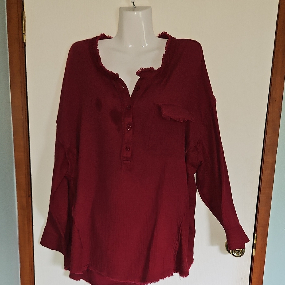 Burgundy Raglan Button-Down Shirt